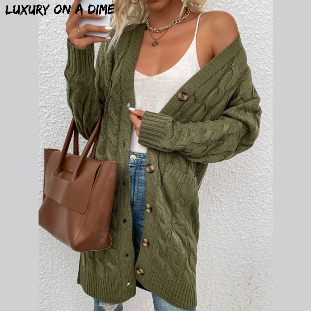Chunky Cable-Knit Classic Button Front Long Cardigan with Pockets Fall Winter